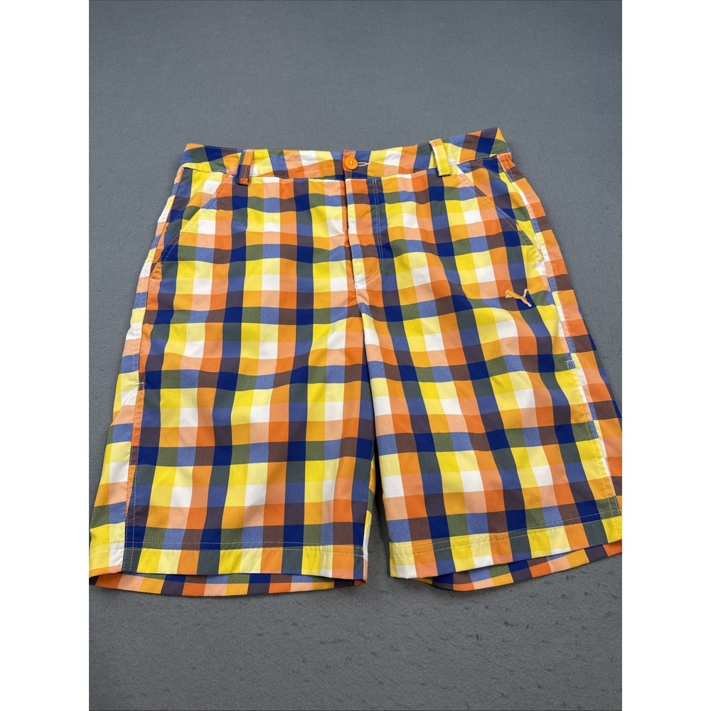 Puma Sport Lifestyle Cobra Golf Shorts Mens 36 Orange/Burgundy PLAID Casual Dry